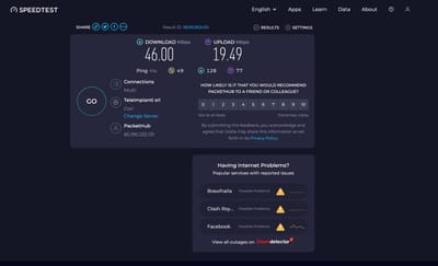 Costa: Screenshot of an internet speed test showing 46 Mbps download and 19.49 Mbps upload speeds with ping of 49 ms.